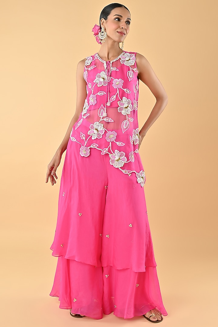 Pink Sheer Organza Bead Embroidered Tunic Set by Keith Gomes at Pernia's Pop Up Shop