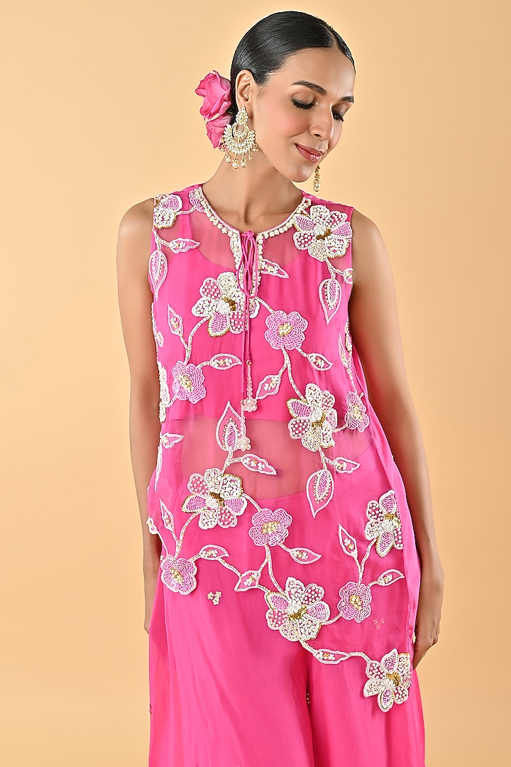 Pink Sheer Organza Bead Embroidered Tunic Set by Keith Gomes at Pernia's Pop Up Shop
