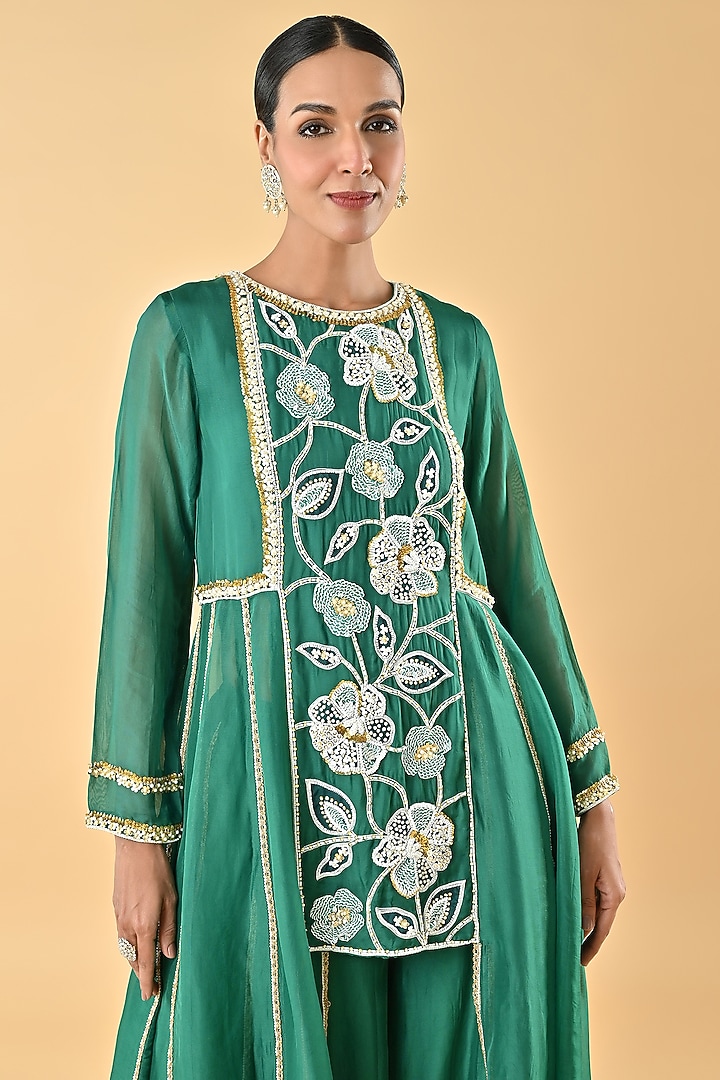 Green Sheer Organza Bead Embroidered Tunic Set by Keith Gomes at Pernia's Pop Up Shop