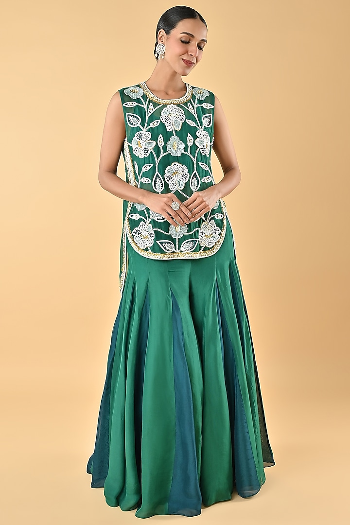 Green Sheer Organza Bead Embroidered Tunic Set by Keith Gomes at Pernia's Pop Up Shop