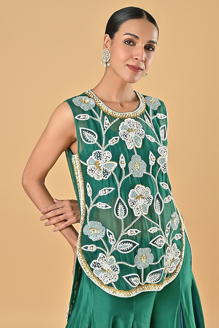 Green Sheer Organza Bead Embroidered Tunic Set by Keith Gomes at Pernia's Pop Up Shop
