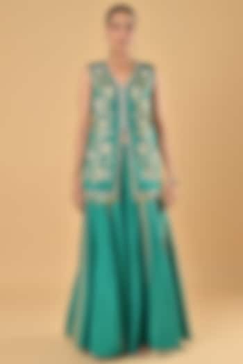 Green Raw Silk Zari Embroidered Tunic Set by Keith Gomes at Pernia's Pop Up Shop