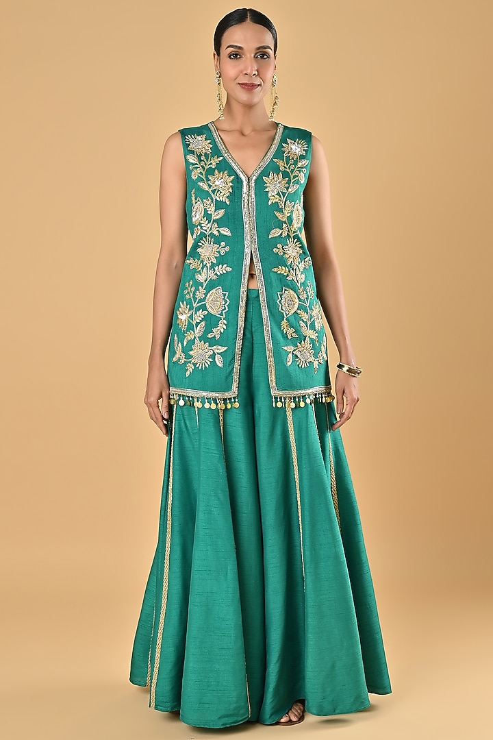 Green Raw Silk Zari Embroidered Tunic Set by Keith Gomes at Pernia's Pop Up Shop