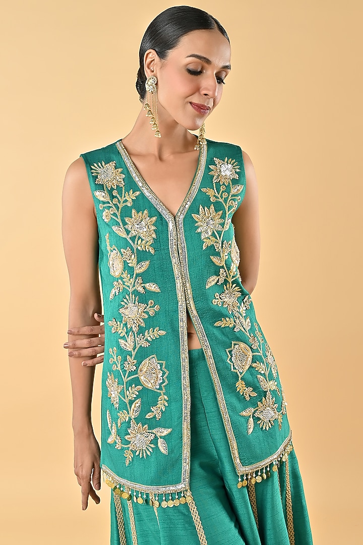 Green Raw Silk Zari Embroidered Tunic Set by Keith Gomes at Pernia's Pop Up Shop