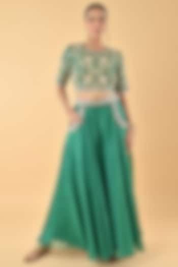 Green Silk Organza Zari Embroidered Flared Palazzo Set by Keith Gomes at Pernia's Pop Up Shop