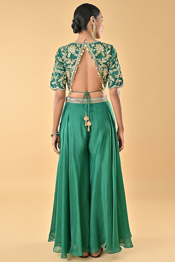 Green Silk Organza Zari Embroidered Flared Palazzo Set by Keith Gomes at Pernia's Pop Up Shop