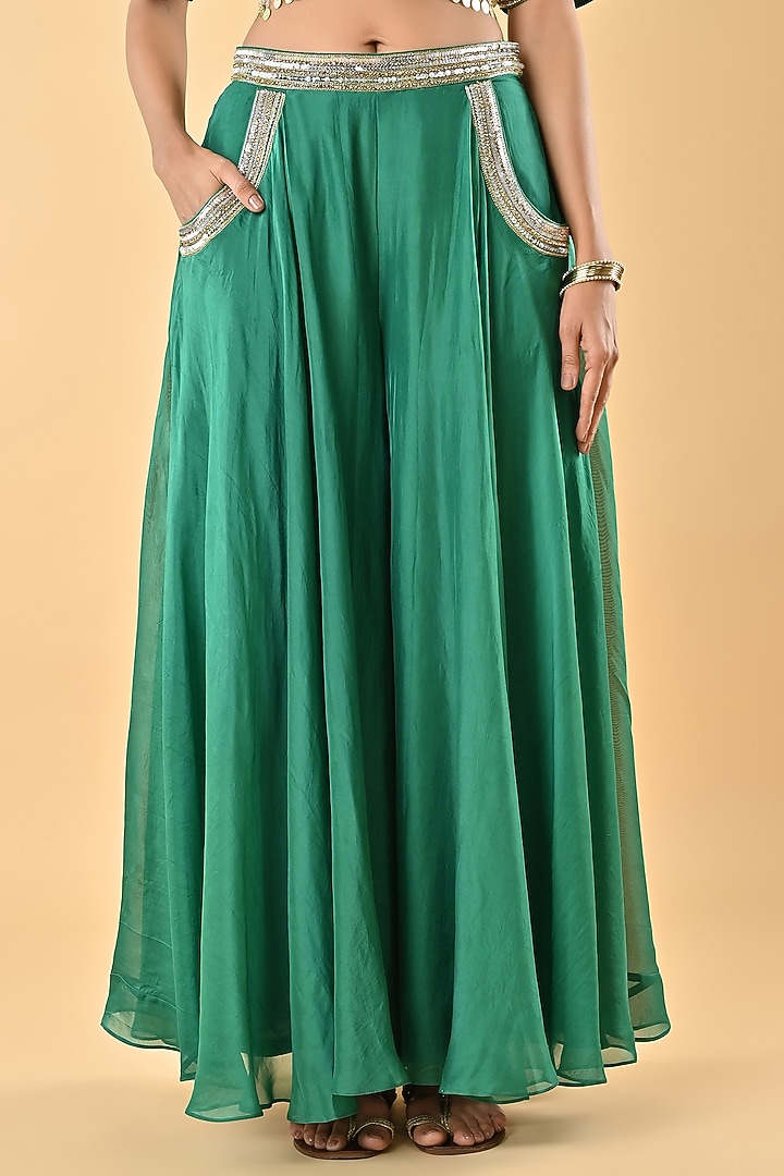 Green Silk Organza Zari Embroidered Flared Palazzo Set by Keith Gomes at Pernia's Pop Up Shop