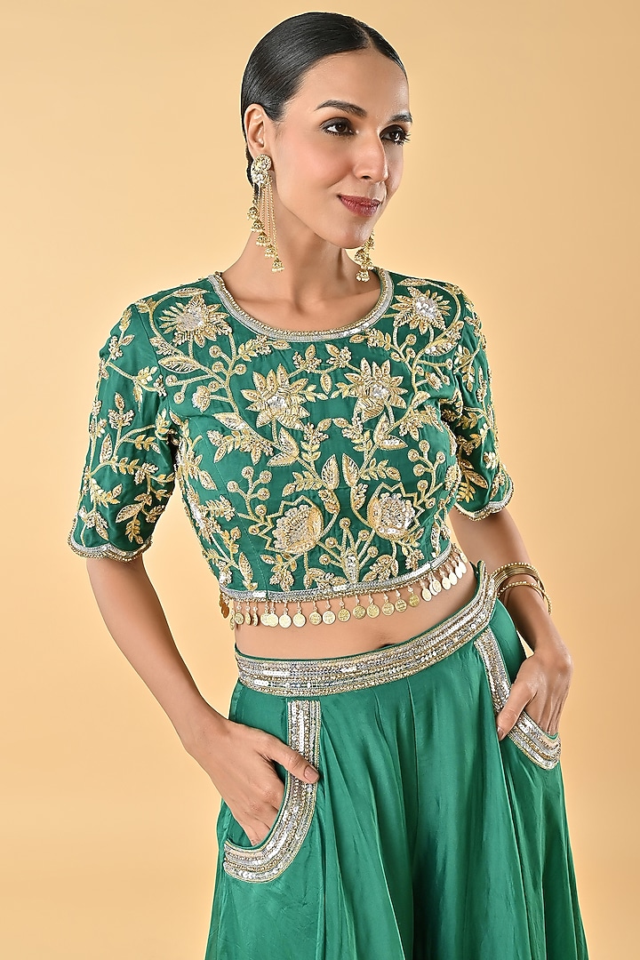 Green Silk Organza Zari Embroidered Flared Palazzo Set by Keith Gomes at Pernia's Pop Up Shop