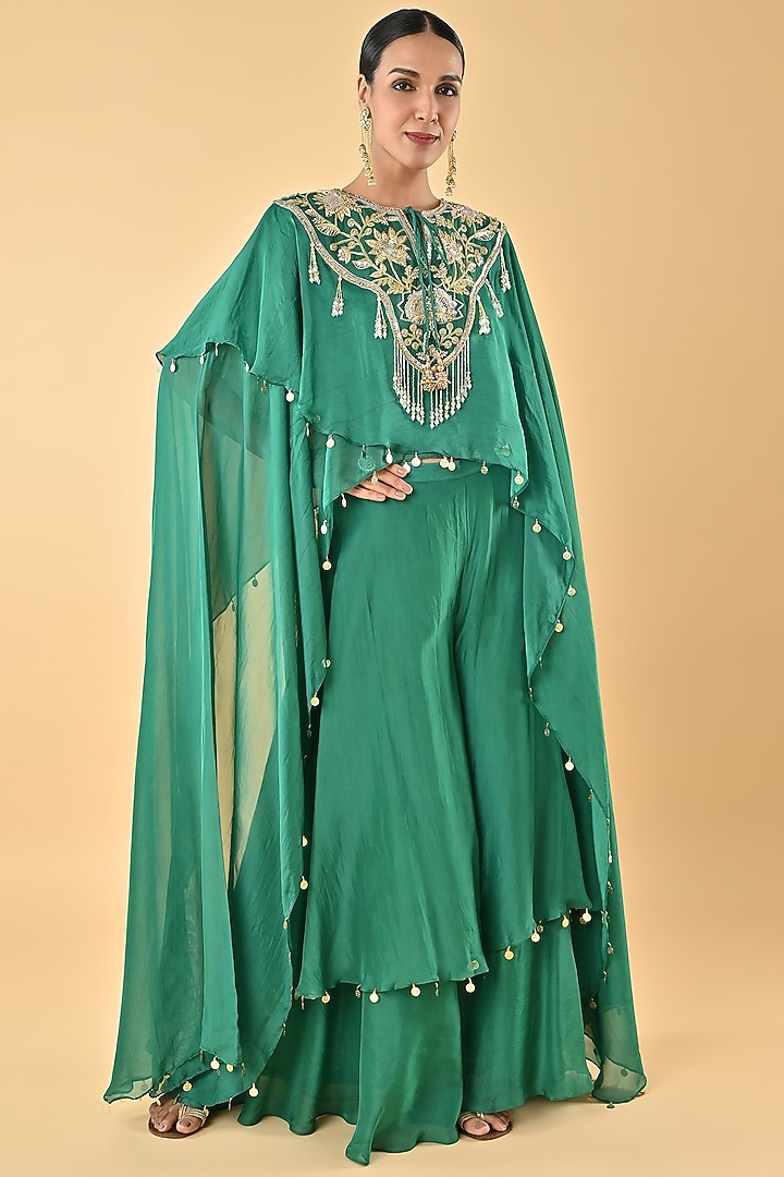 Green Silk Organza Gota Embroidered Double-Layered Cape set by Keith Gomes at Pernia's Pop Up Shop