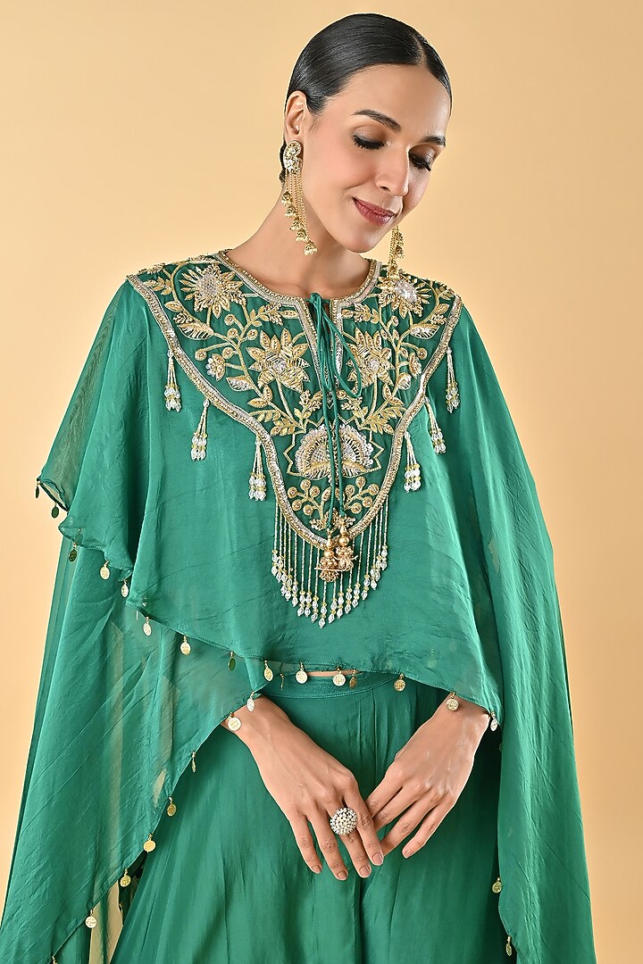 Green Silk Organza Gota Embroidered Double-Layered Cape set by Keith Gomes at Pernia's Pop Up Shop