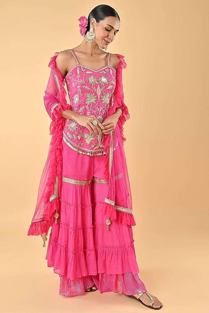 Pink Chiffon Crepe Zari Embroidered Tunic Set by Keith Gomes at Pernia's Pop Up Shop