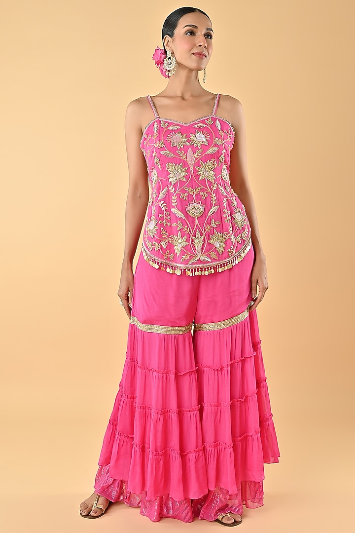 Pink Chiffon Crepe Zari Embroidered Tunic Set by Keith Gomes at Pernia's Pop Up Shop