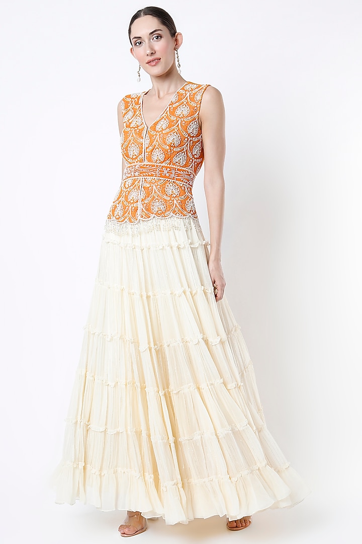 Orange Embroidered Skirt Set by Keith Gomes