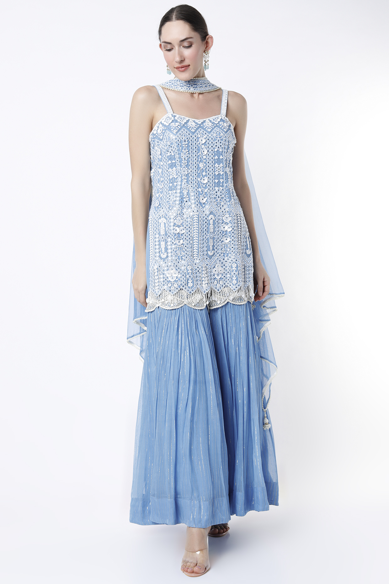 Sky Blue Embroidered Tunic Set by Keith Gomes