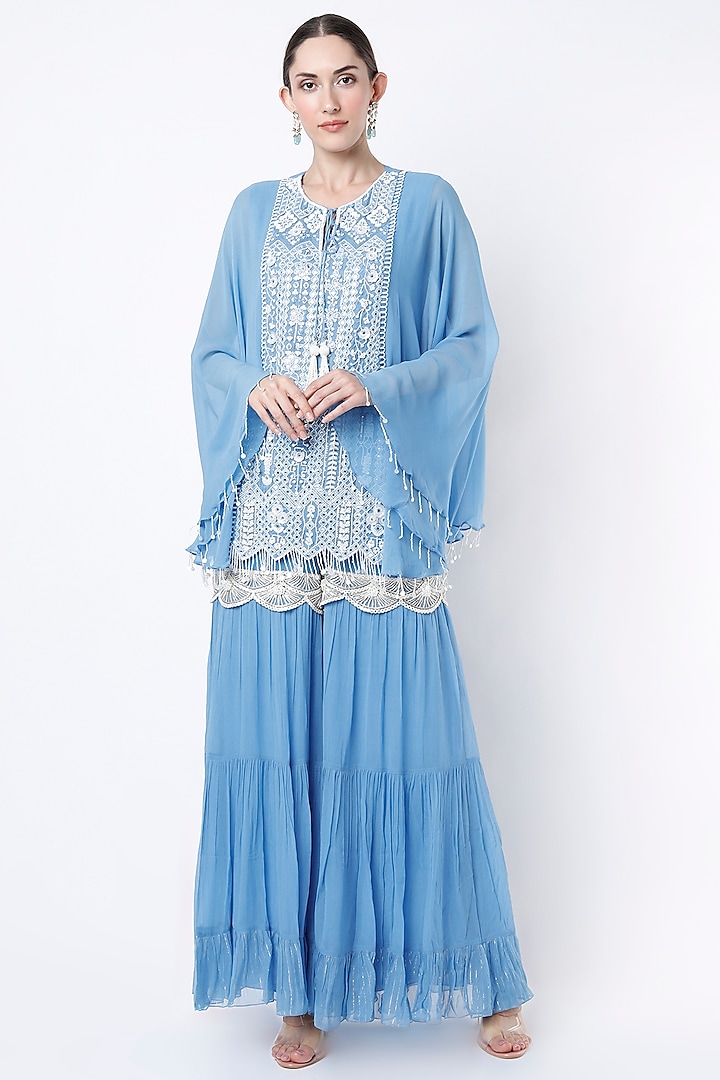 Sky Blue Beads Embroidered Tunic Set by Keith Gomes