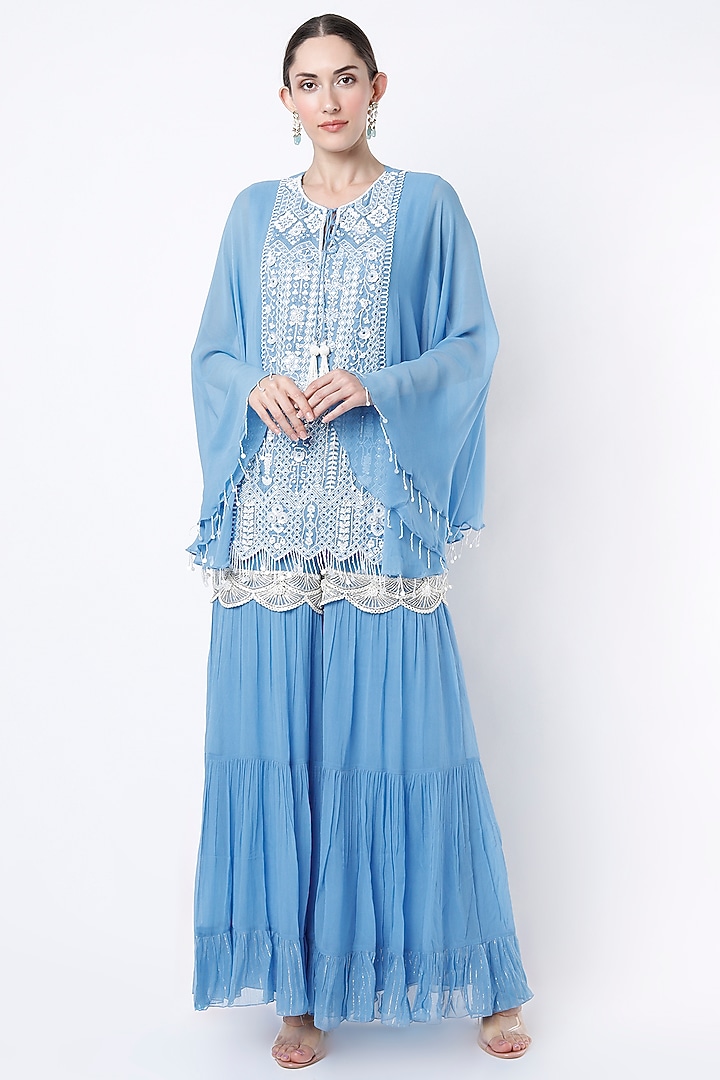 Sky Blue Beads Embroidered Tunic Set by Keith Gomes at Pernia's Pop Up Shop