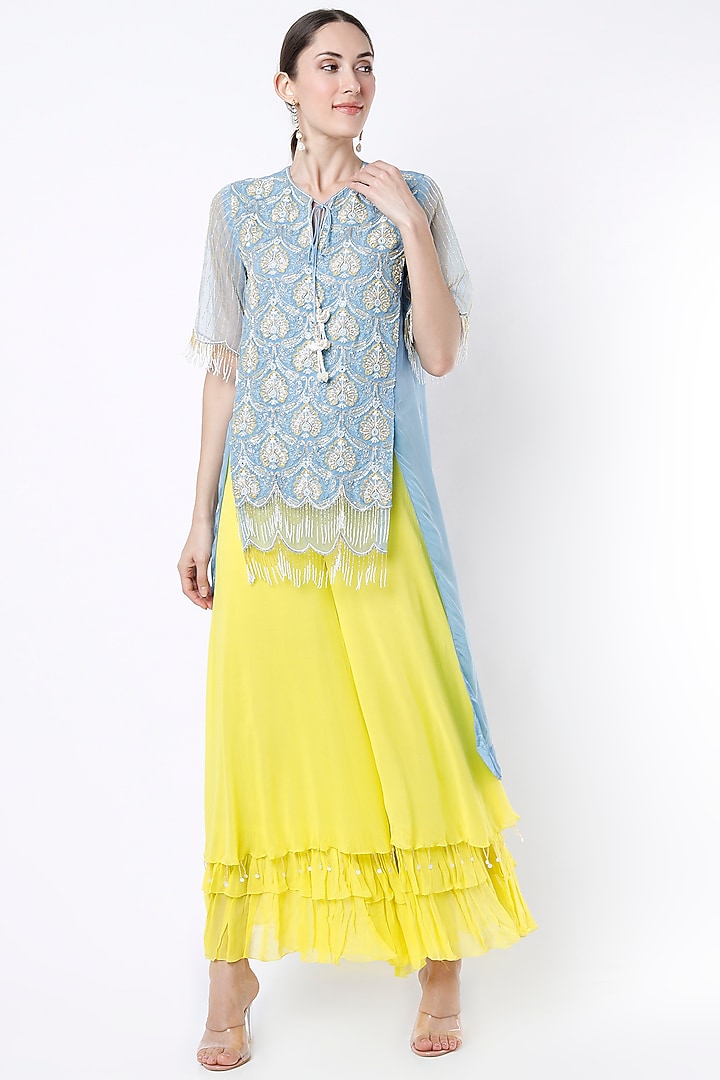 Sky Blue & Yellow Embroidered Tunic Set by Keith Gomes at Pernia's Pop Up Shop
