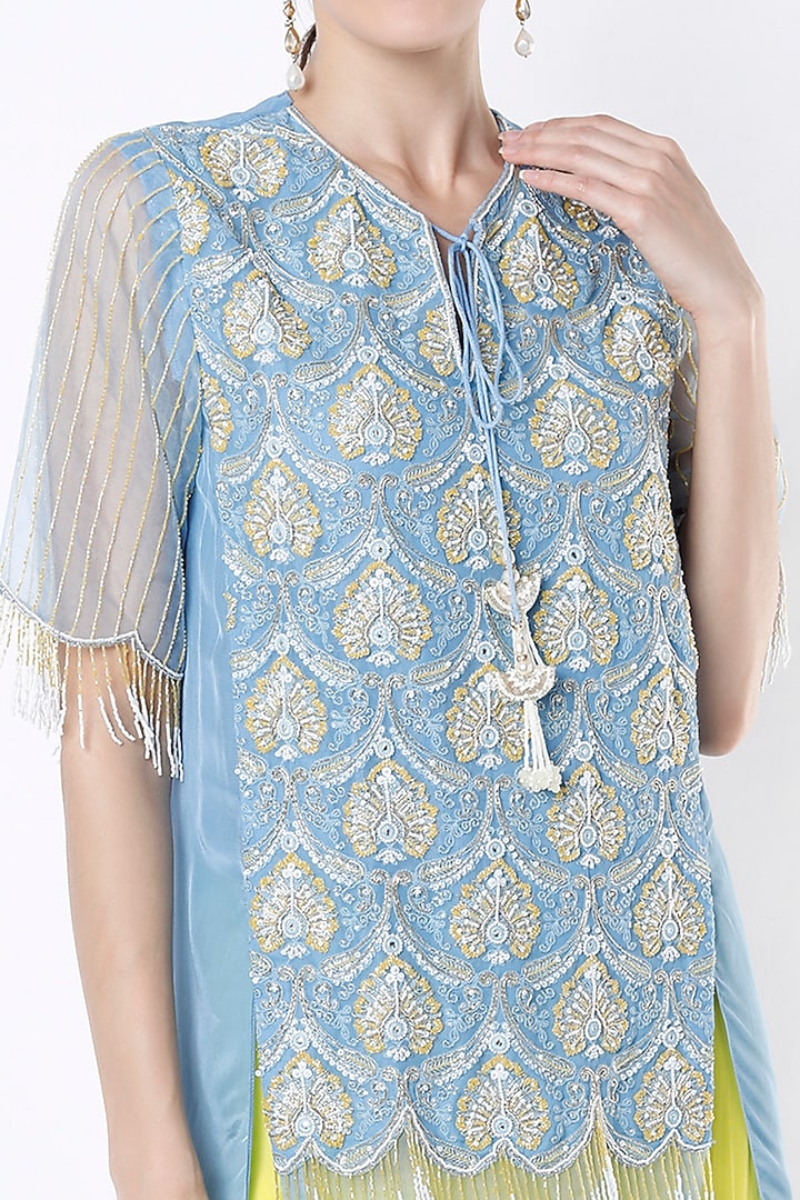 Sky Blue & Yellow Embroidered Tunic Set by Keith Gomes at Pernia's Pop Up Shop