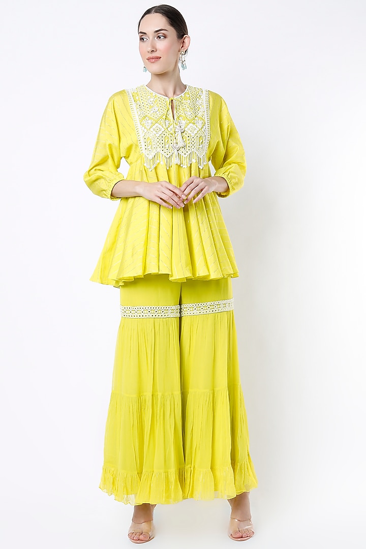 Lime Green Embroidered Tunic Set by Keith Gomes
