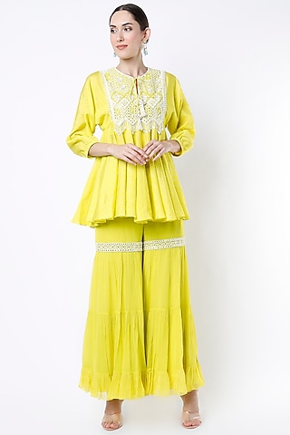 Lime Green Embroidered Tunic Set by Keith Gomes
