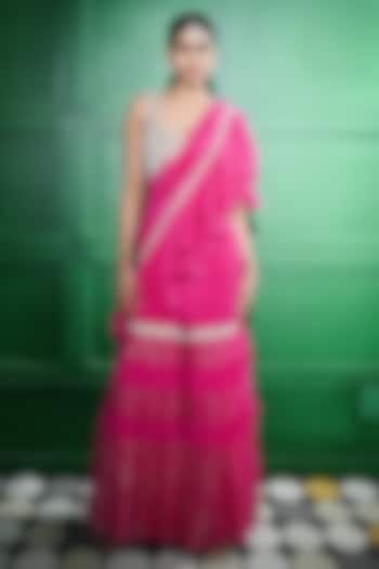 Pink Chiffon Crepe & Silk Organza Gharara Draped Saree Set by Keith Gomes at Pernia's Pop Up Shop