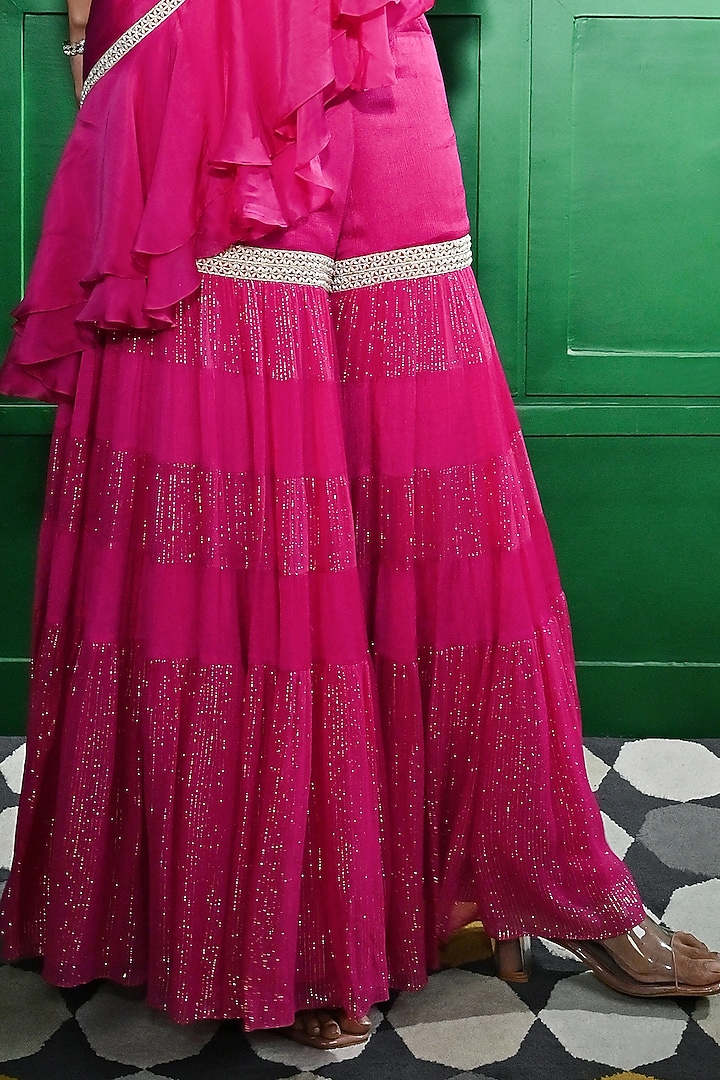 Pink Chiffon Crepe & Silk Organza Gharara Draped Wedding Saree Set by Keith Gomes at Pernia's Pop Up Shop