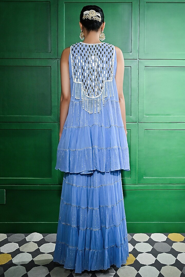 Blue Chiffon Crepe Pearl Embroidered Tiered Tunic Set by Keith Gomes at Pernia's Pop Up Shop