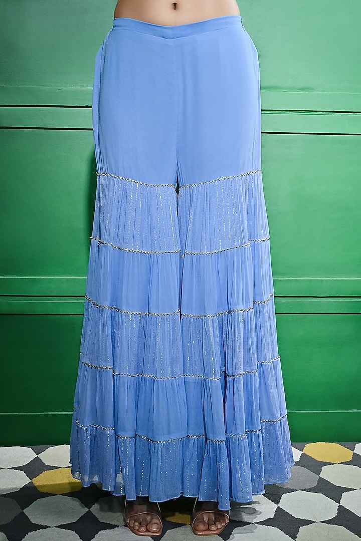 Blue Chiffon Crepe Pearl Embroidered Tiered Tunic Set by Keith Gomes at Pernia's Pop Up Shop