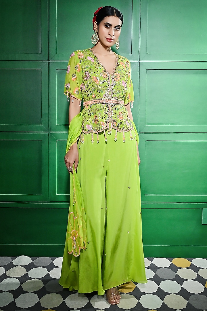 Green Silk Organza Sharara Set by Keith Gomes at Pernia's Pop Up Shop