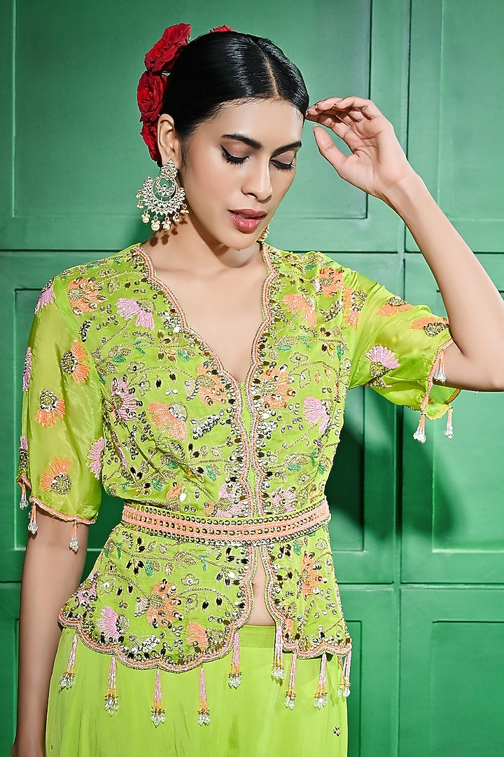 Green Silk Organza Wedding Sharara Set by Keith Gomes at Pernia's Pop Up Shop