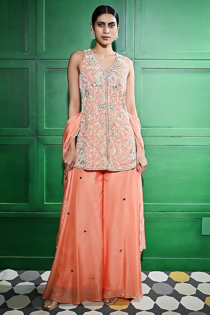 Peach Silk Organza Boota Embroidered Sharara Set by Keith Gomes at Pernia's Pop Up Shop