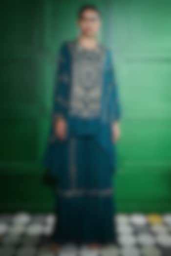 Teal Blue Chiffon Crepe Sharara Set by Keith Gomes at Pernia's Pop Up Shop