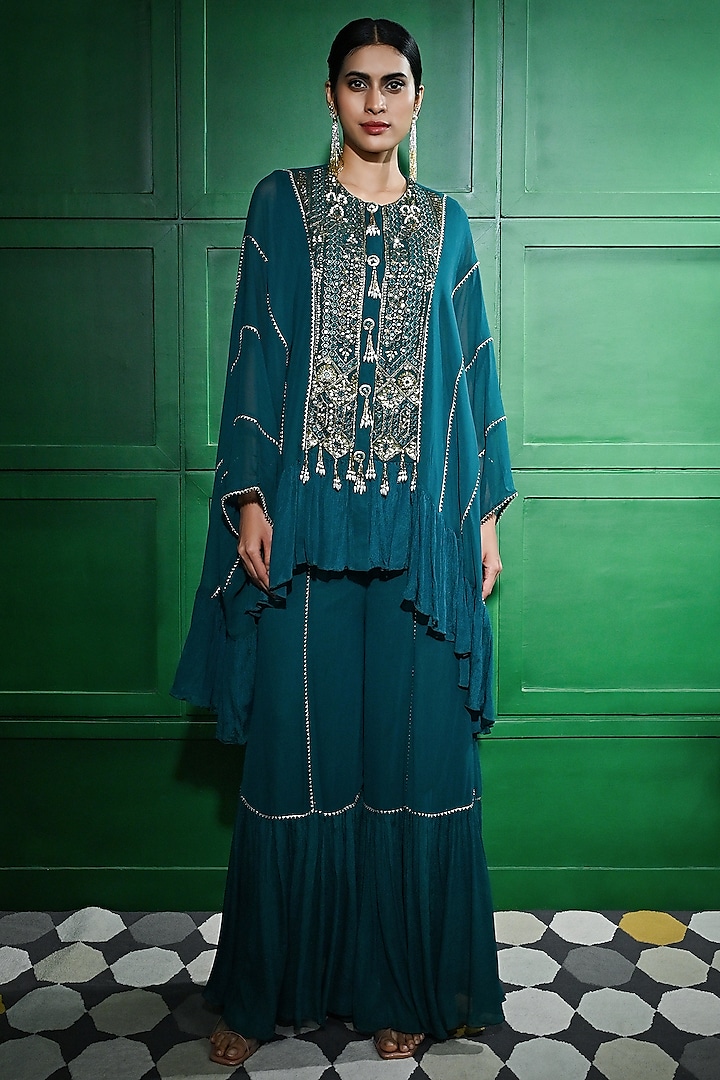 Teal Blue Chiffon Crepe Sharara Set by Keith Gomes at Pernia's Pop Up Shop