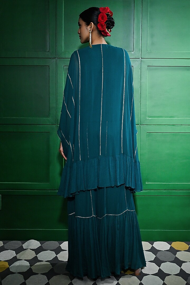 Teal Blue Chiffon Crepe Wedding Sharara Set by Keith Gomes at Pernia's Pop Up Shop