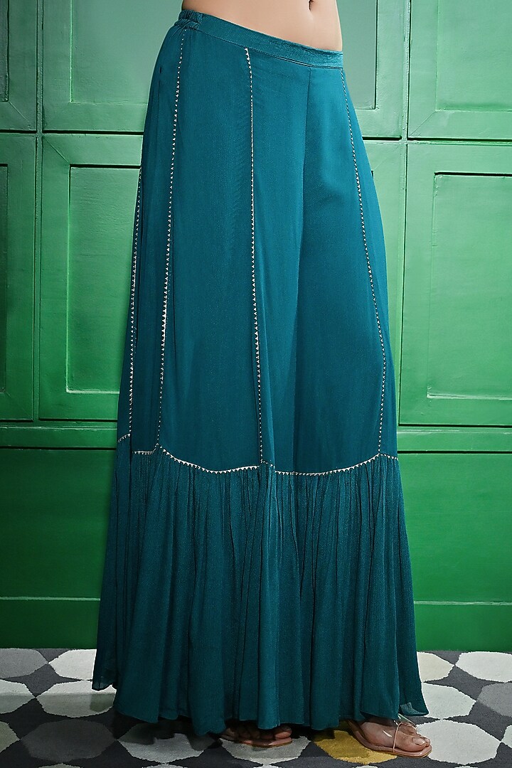 Teal Blue Chiffon Crepe Wedding Sharara Set by Keith Gomes at Pernia's Pop Up Shop