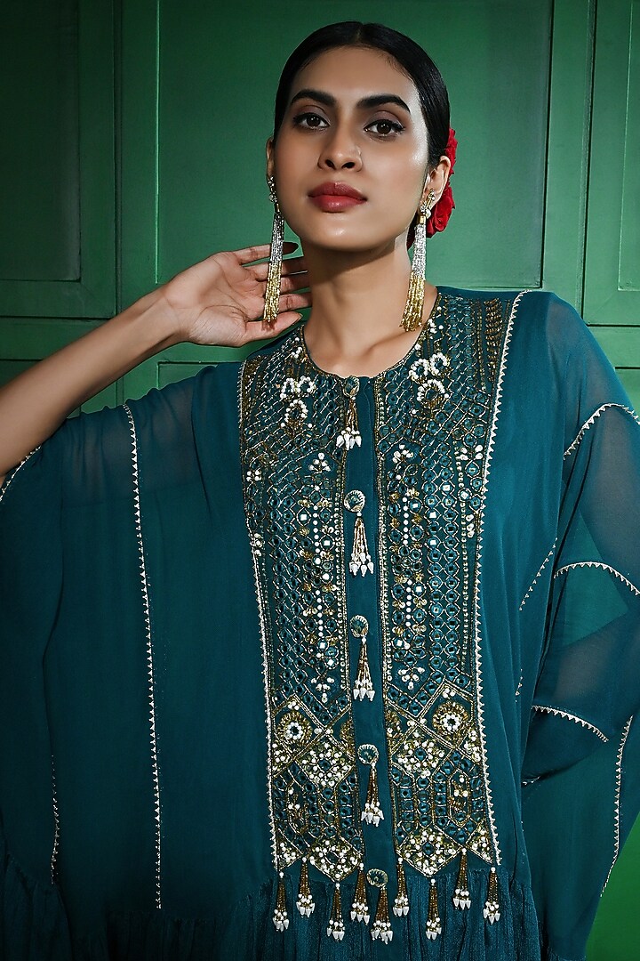 Teal Blue Chiffon Crepe Wedding Sharara Set by Keith Gomes at Pernia's Pop Up Shop