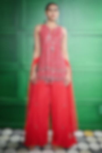 Red Chiffon Crepe Flared Sharara Set by Keith Gomes at Pernia's Pop Up Shop