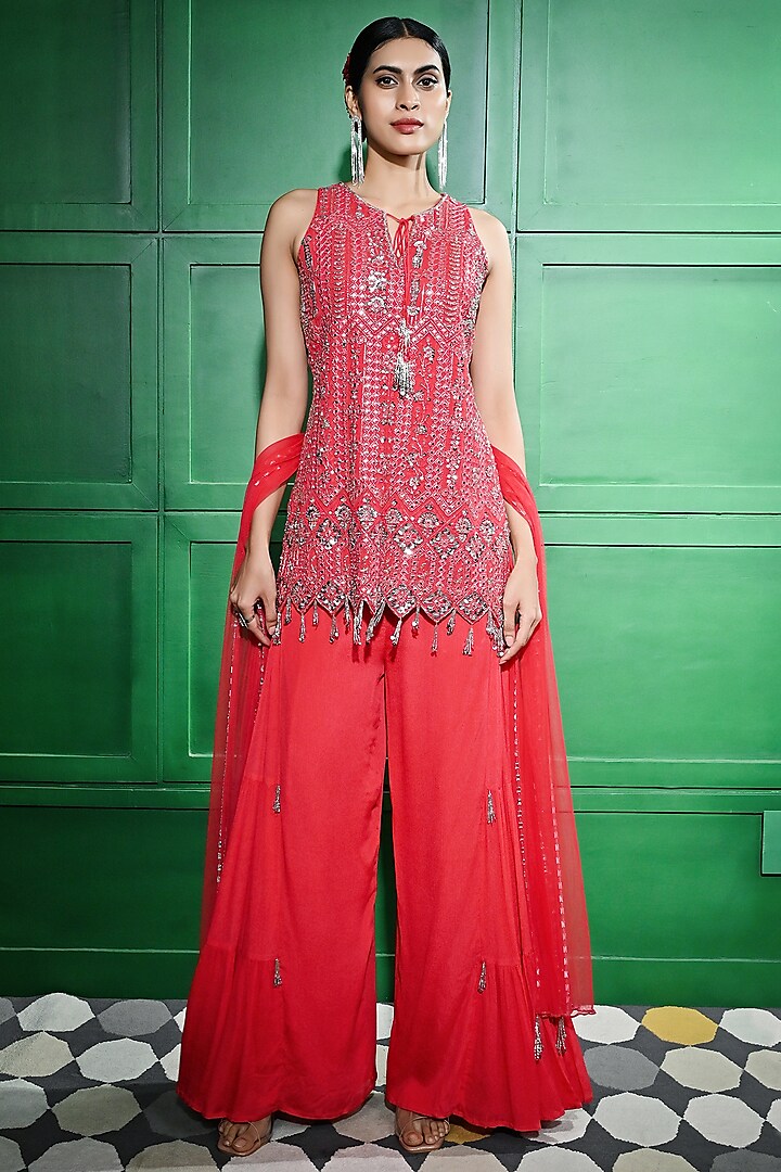 Red Chiffon Crepe Flared Sharara Set by Keith Gomes at Pernia's Pop Up Shop