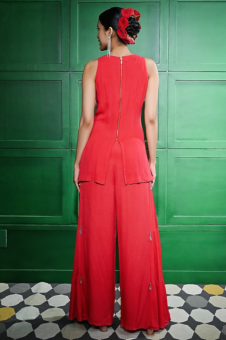 Red Chiffon Crepe Flared Wedding Sharara Set by Keith Gomes at Pernia's Pop Up Shop