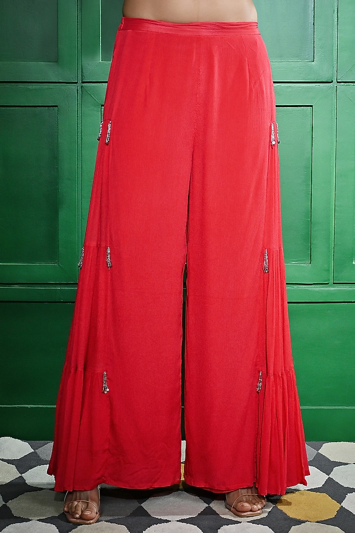 Red Chiffon Crepe Flared Wedding Sharara Set by Keith Gomes at Pernia's Pop Up Shop