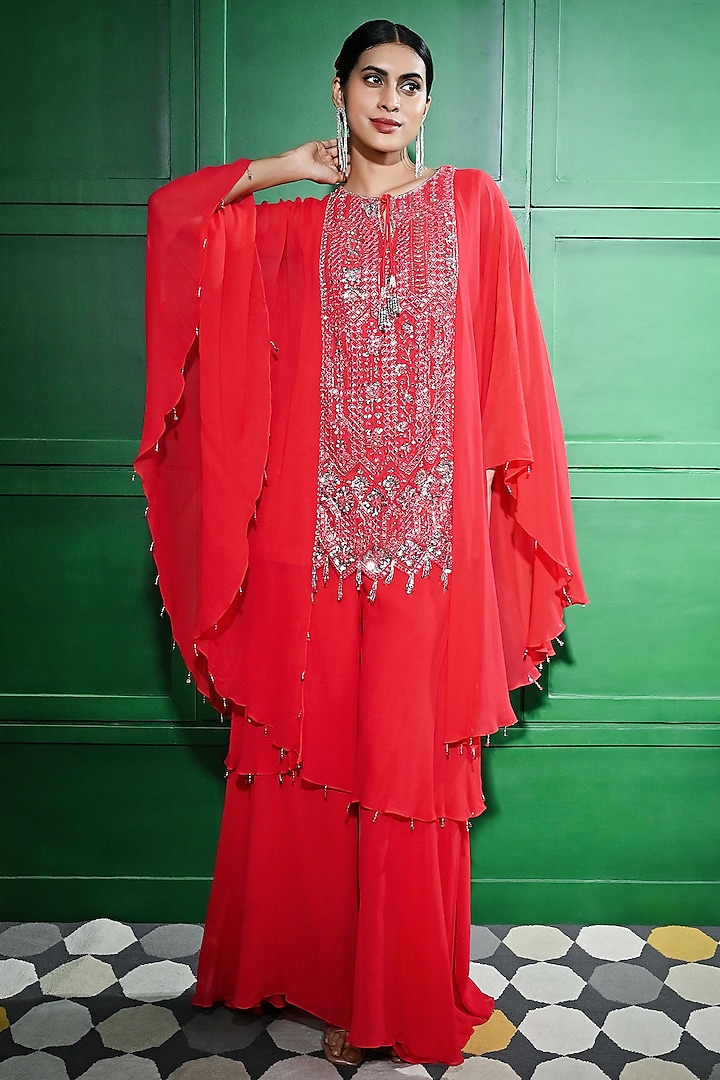 Red Georgette Sequins Embroidered Tunic Set by Keith Gomes at Pernia's Pop Up Shop