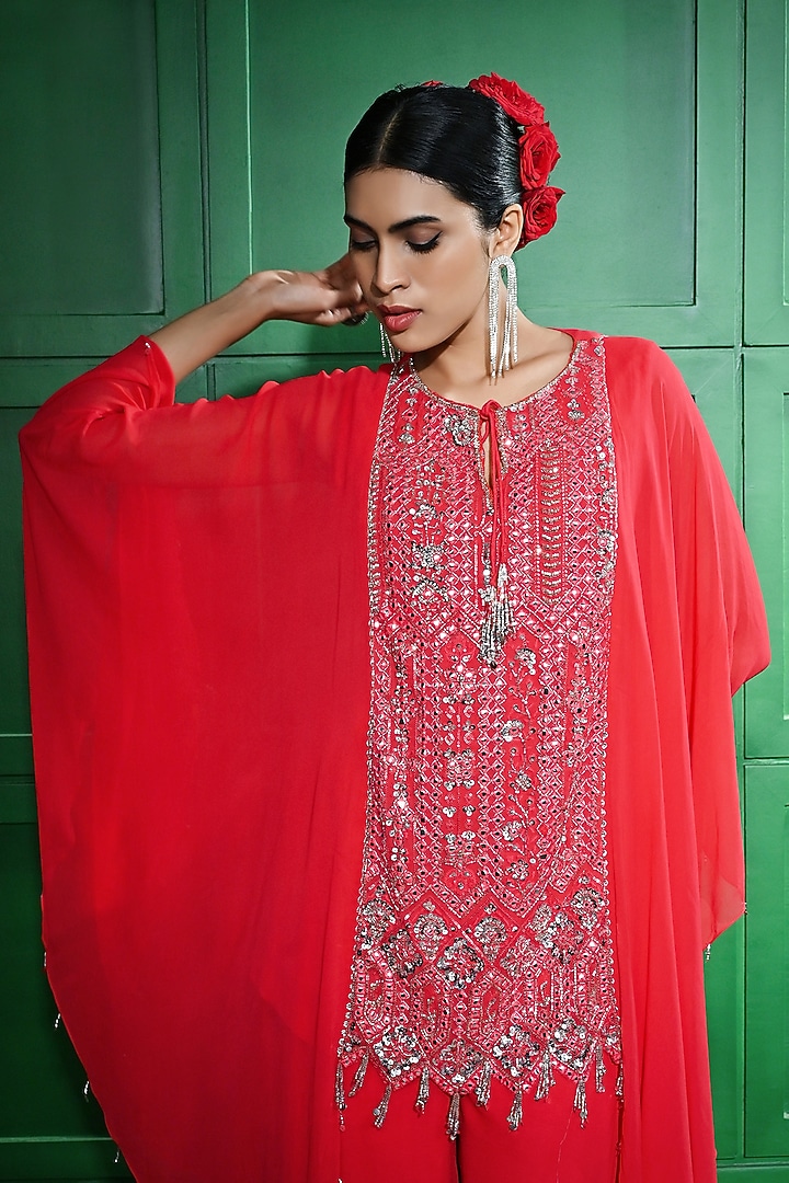 Red Georgette Sequins Embroidered Tunic Set by Keith Gomes at Pernia's Pop Up Shop