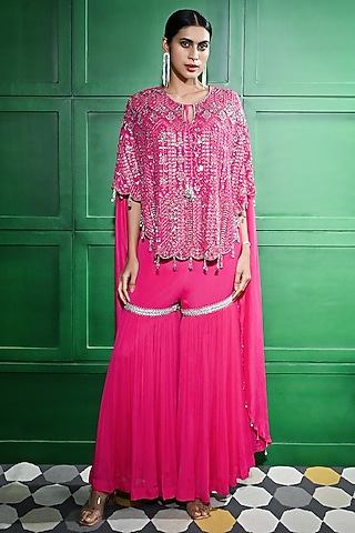 Pink Chiffon Crepe Sequins Embroidered Cape set by Keith Gomes