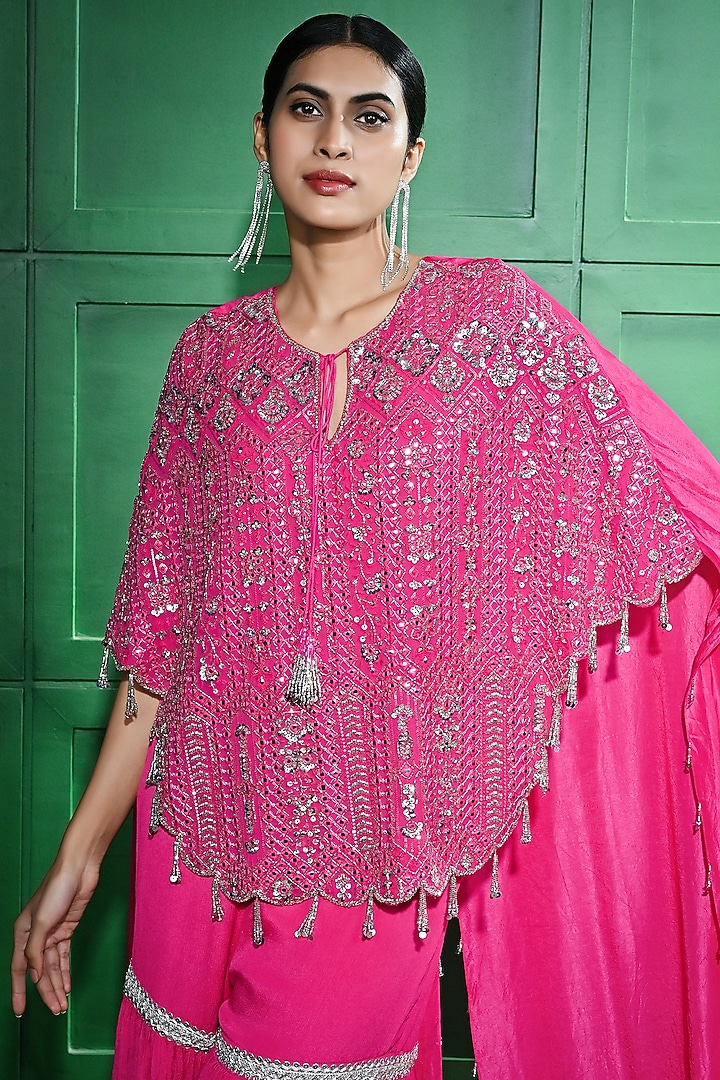 Pink Chiffon Crepe Sequins Embroidered Cape set by Keith Gomes at Pernia's Pop Up Shop