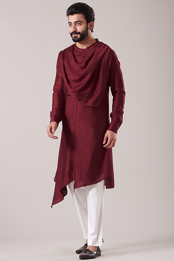 Maroon Silk Cowl Kurta Set by Kudrat Couture at Pernia's Pop Up Shop