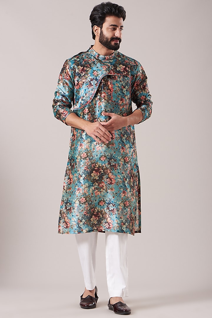 Blue Silk Floral Kurta by Kudrat Couture