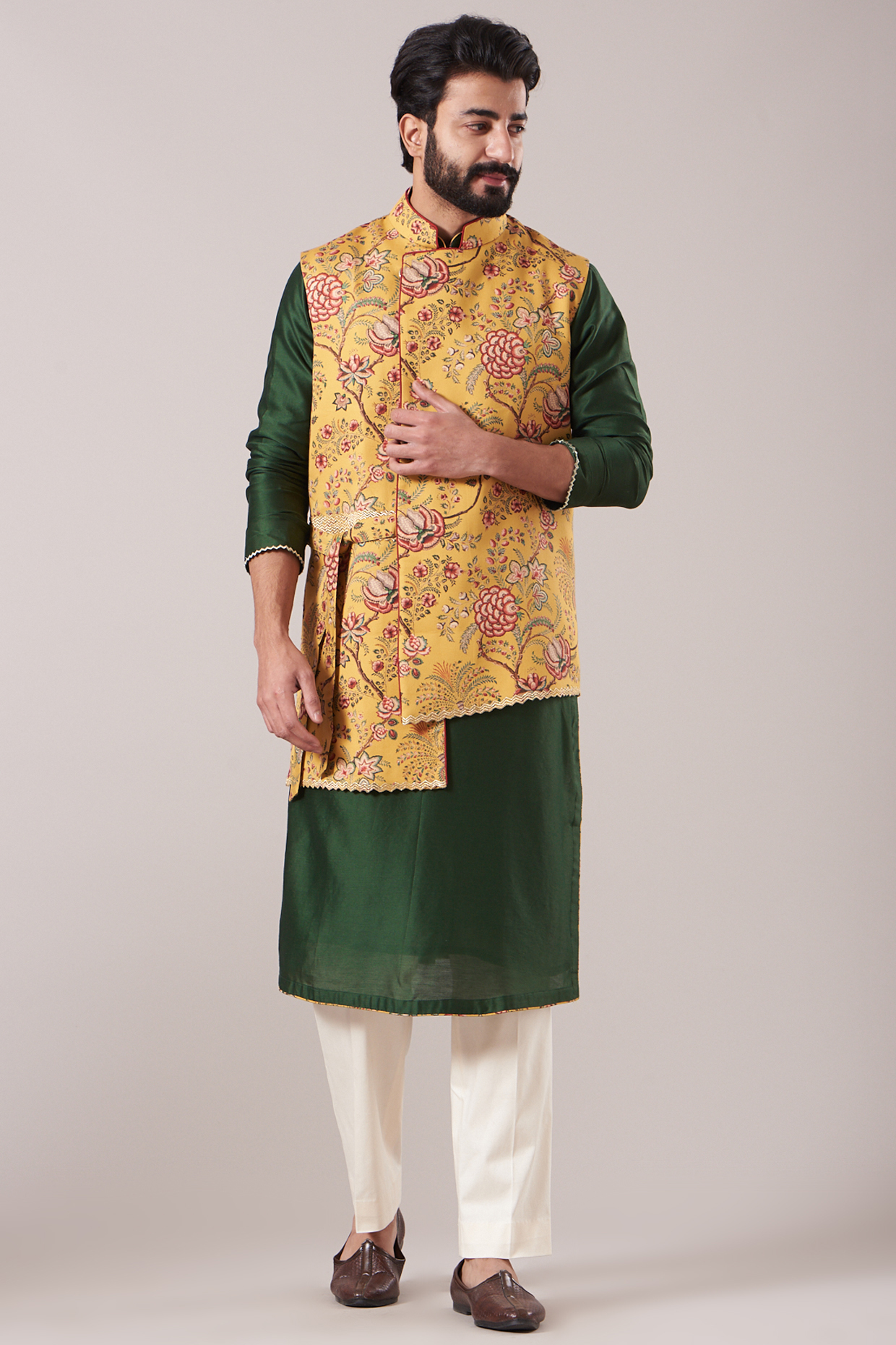 Mustard Pure Chanderi Floral Nehru Jacket Set by Kudrat Couture at Pernia's Pop Up Shop
