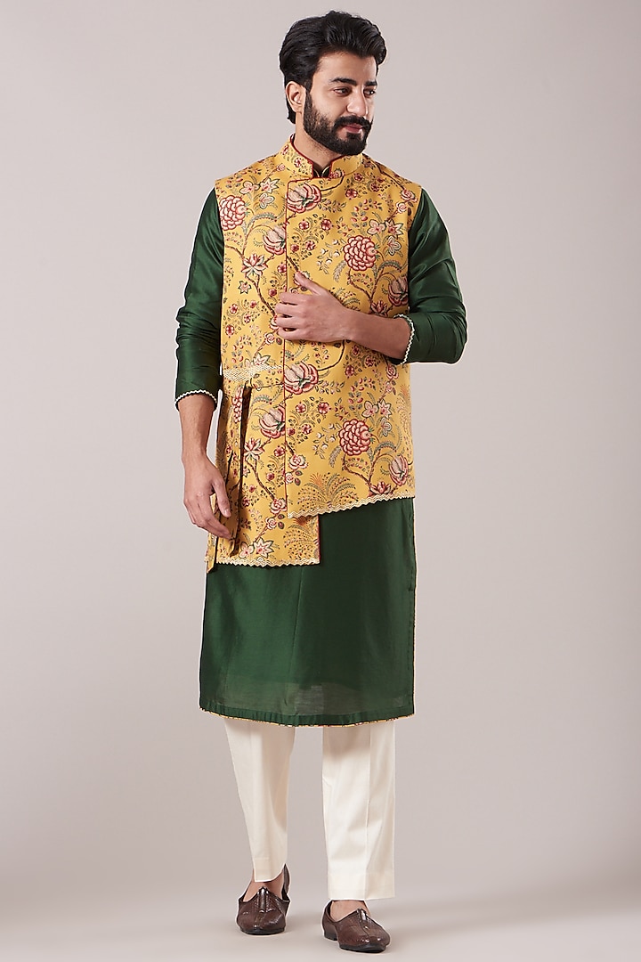 Mustard Pure Chanderi Floral Nehru Jacket Set by Kudrat Couture at Pernia's Pop Up Shop