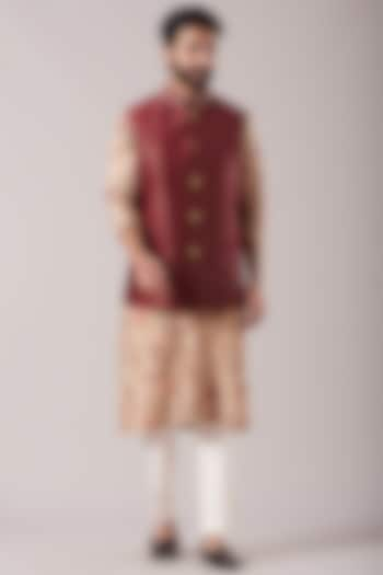 Beige Kurta Set With Maroon Nehru Jacket by Kudrat Couture