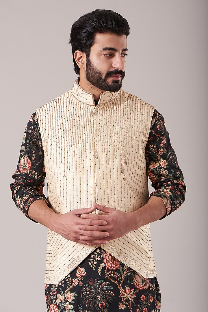 Black Kurta Set With Nehru Jacket by Kudrat Couture at Pernia's Pop Up Shop